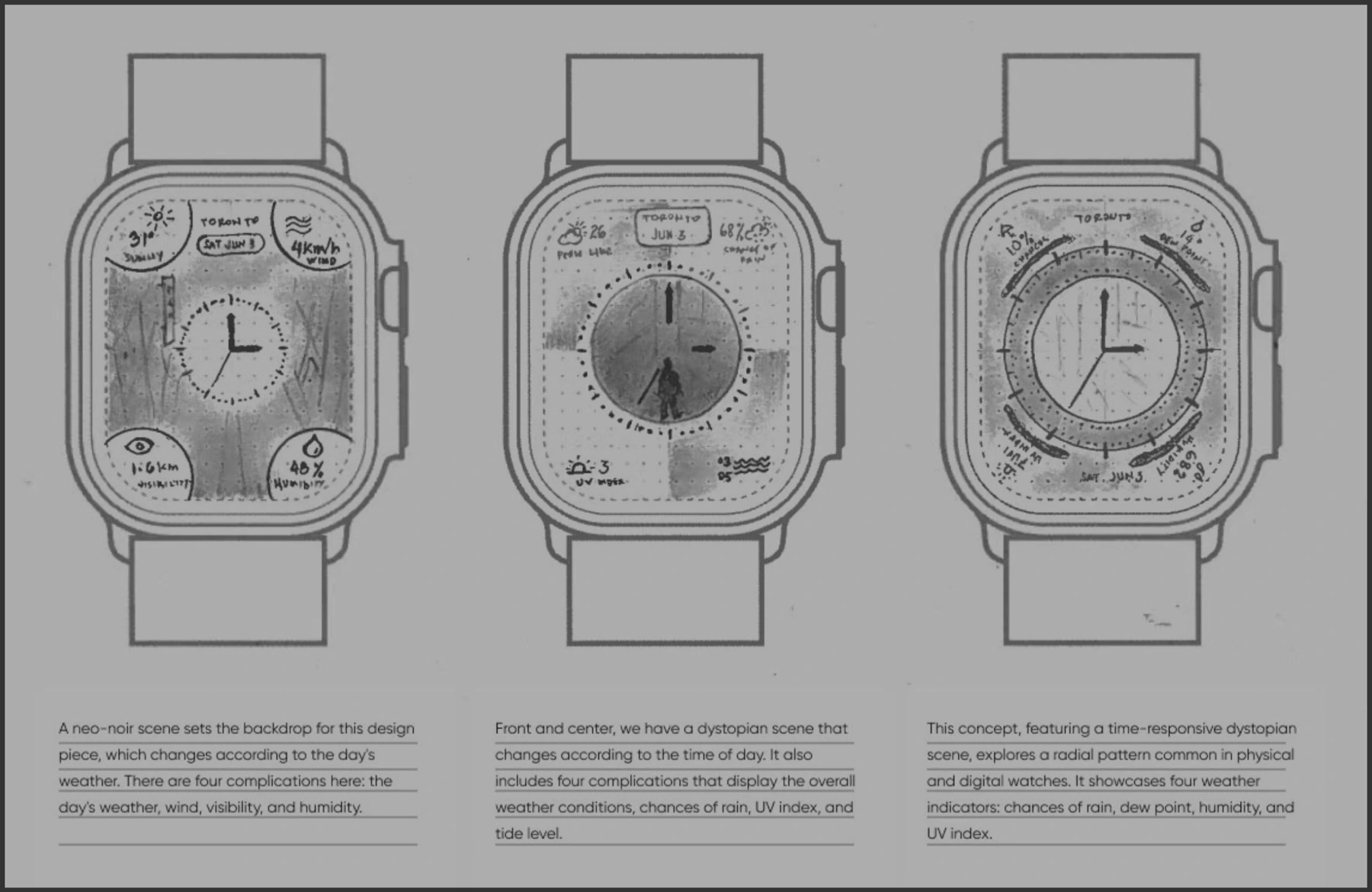 Three smartwatch concept sketches